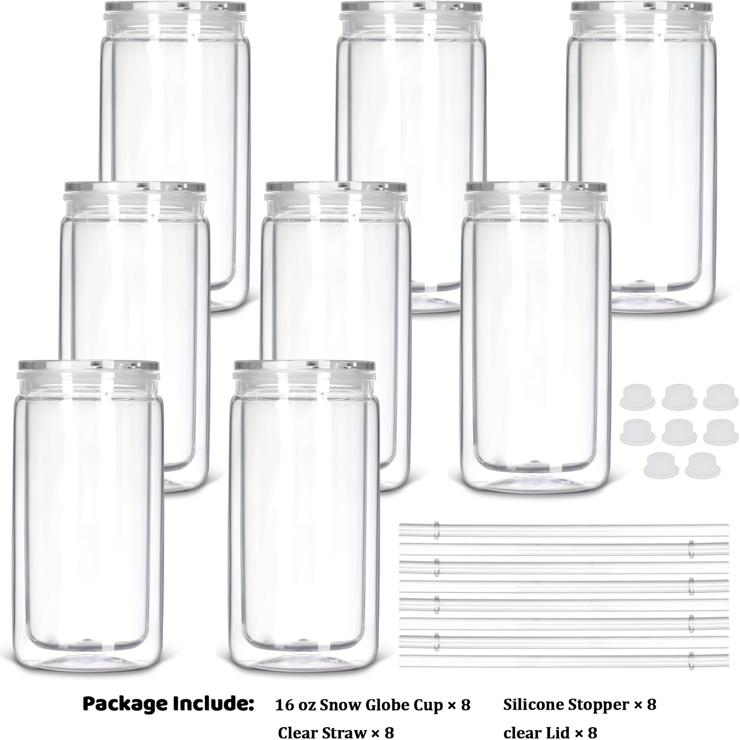 TEMU Ensemble de 8 gobelets réutilisables en plastique conçus comme des globes de neige, avec des couvercles et des vibrantes. Idéal pour créer des