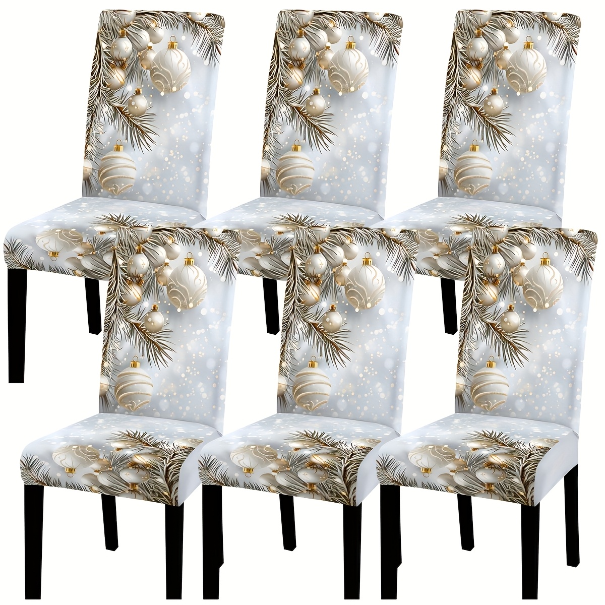 TEMU Housses de chaise en polyester avec boules de Noël argentées et blanches, housses extensibles festives d'hiver froid pour chaises de salle à