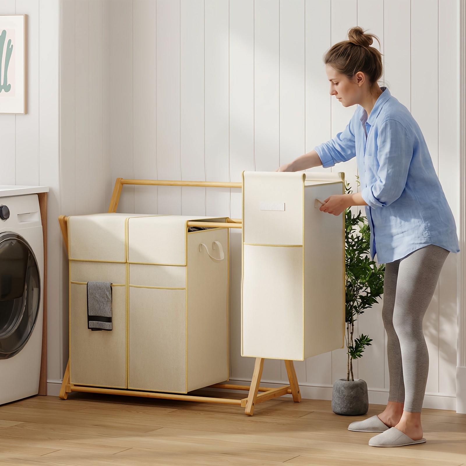 Three-compartment Laundry Basket, 171-liter Capacity, Bamboo Frame, With Garment Sorting Function, With A Removable Laundry Bag, Suitable For Bathroom And Bedroom, ., Laundry Baskets