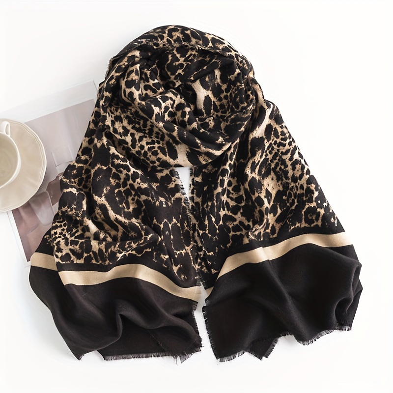 European And American Fashion Leopard Print Faux Cashmere Scarf, Winter Printed Warm Shawl, High-End Commuting Neck Protection, Cold-Resistant Neck Gaiter