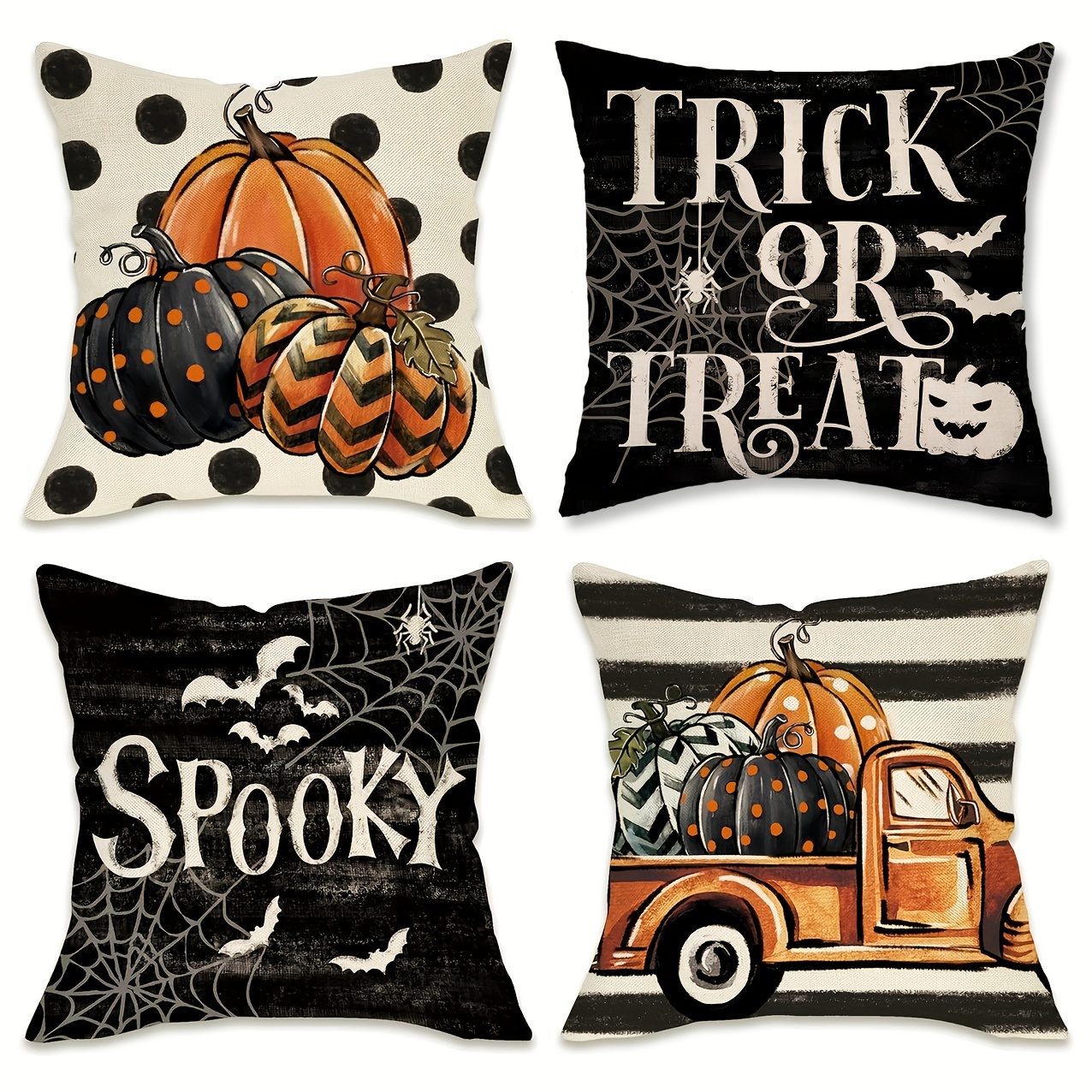 

4-piece Black Buffalo Plaid & Polka Dot Pumpkin Halloween Throw Pillow Covers 18x18 Inch - Zippered, Machine Washable Polyester Cushion Cases For Sofa And Outdoor Decor