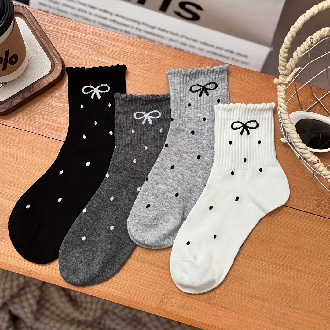 TEMU 4 Pairs Of Fashionable Women's Socks In , Polka Dot Bow Mid-calf Socks, Breathable And Comfortable For All