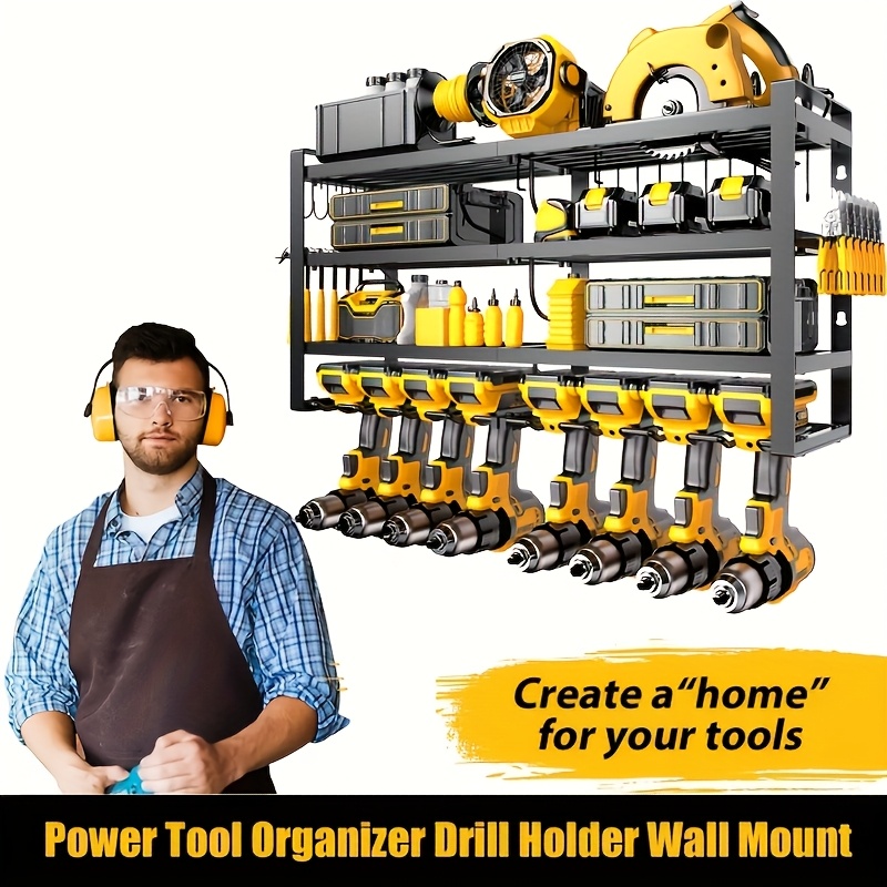 wall mounted power tool organizer garage tool organizer with 7 drill holder heavy duty metal tool rack strong load bearing capacity suitable for inductive display of power tools   mens gift new year valentines day gift