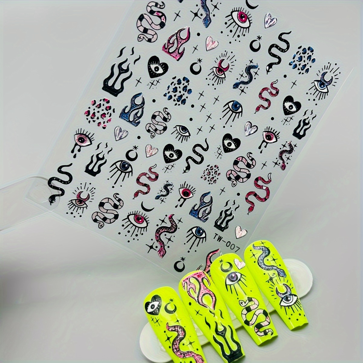 

5d Cartoon Nail Art Stickers - Snake, Leopard & Flame Designs With Eye Accents, Self-adhesive, Shimmer For Hands, Feet & Nails