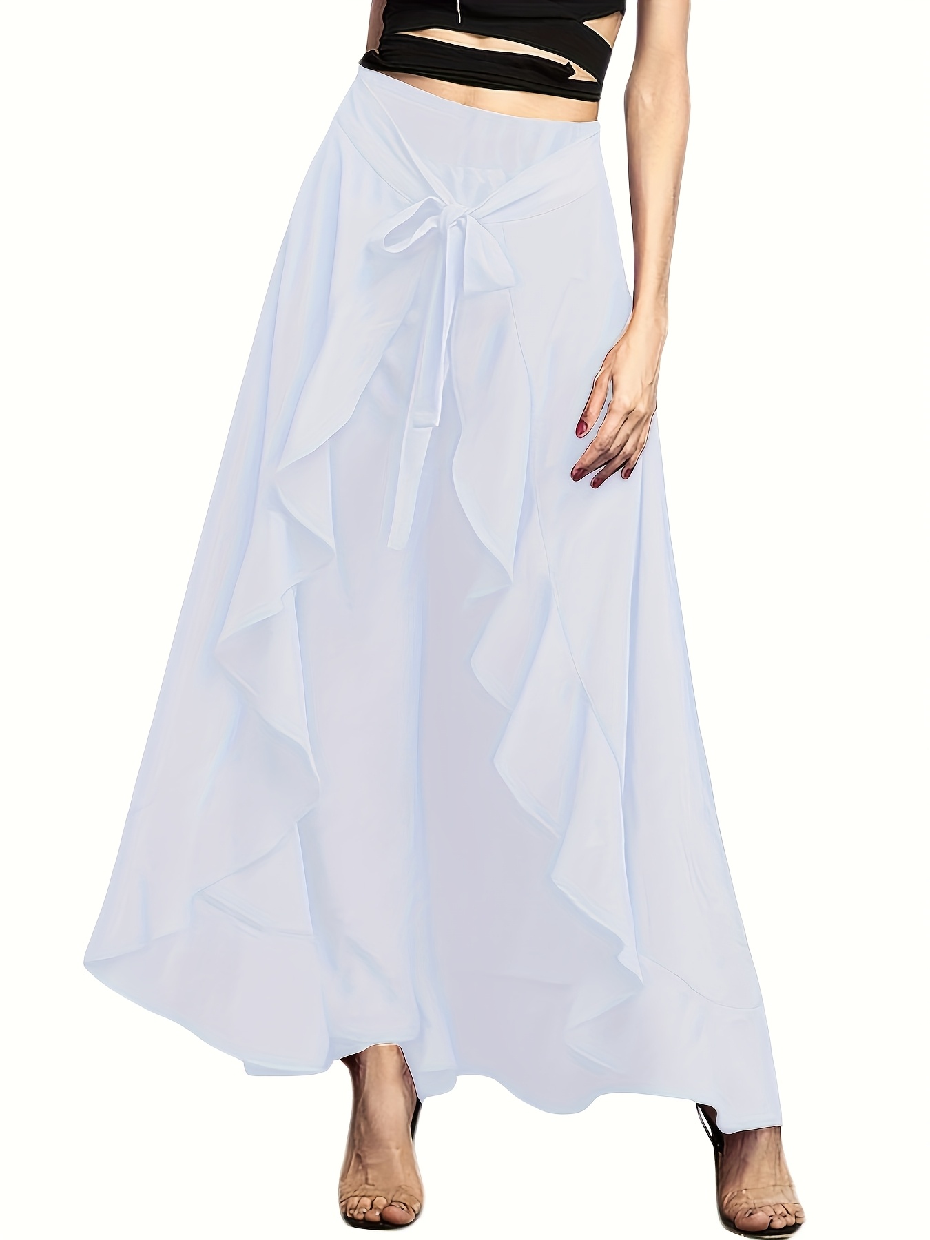ILLIGO ■ Ruffle color block skirt pants Ruffle Pant Skirt for Women Long Split Tie Waist Chiffon