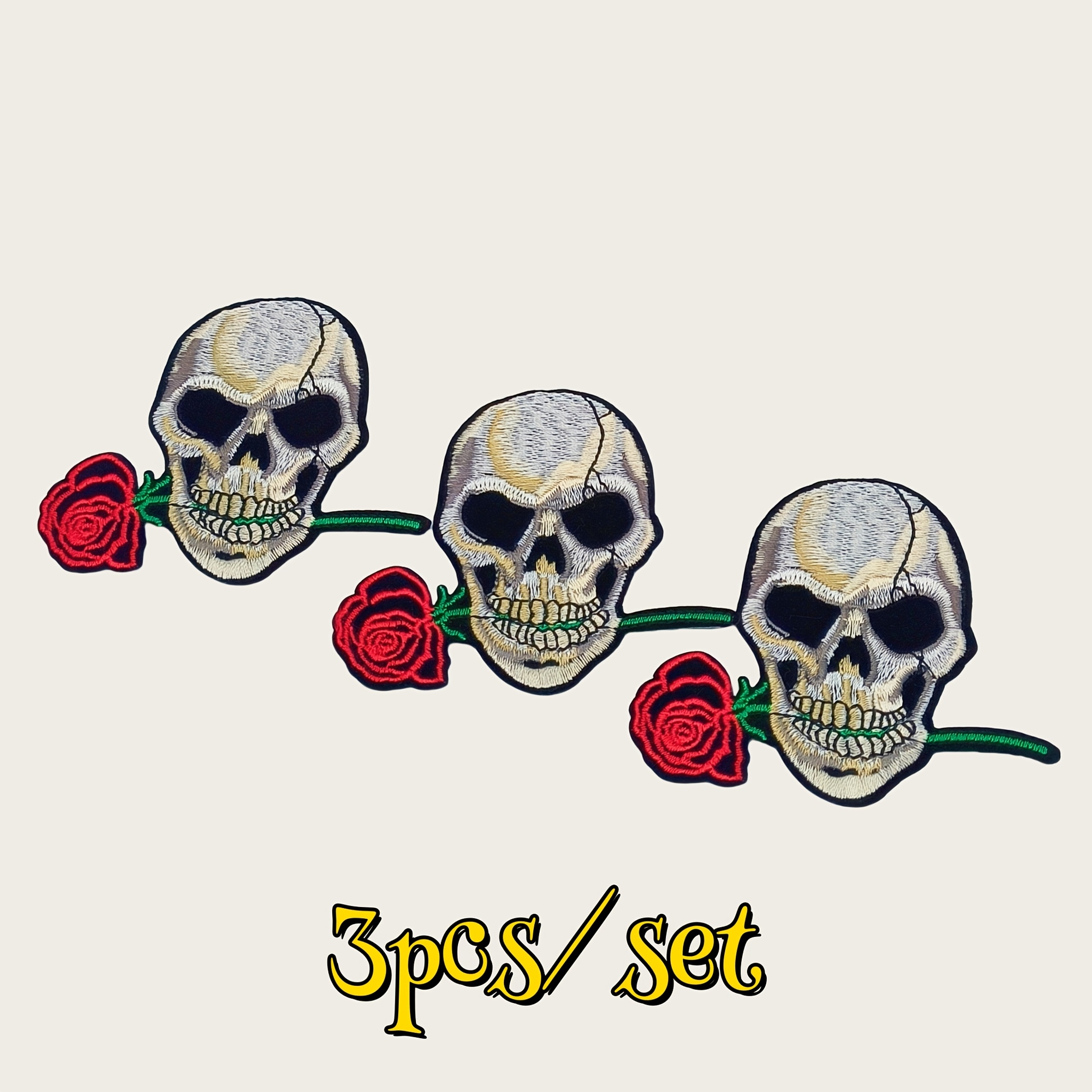 E-shop 3 Stk. Rosen-Totenkopf-Stickerei-Aufbügler, DIY-Kleidungszubehör, Nähaufkleber, Totenkopf Rosen, bestickte Stoffapplikationen, zum Aufnähen oder