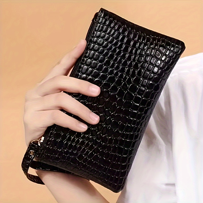 

Elegant Crocodile Texture Pu Leather Clutch Purse, Women's Wallet With Wrist Strap, Zippered Handheld Phone Pouch With Coin Pocket