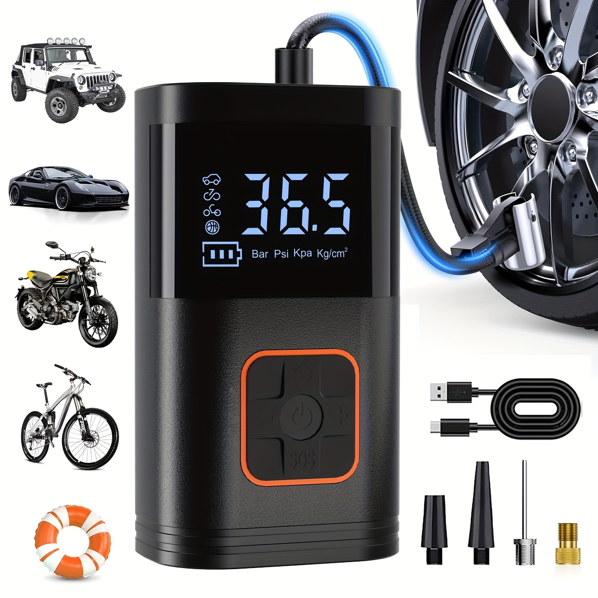 Image of Multifunctional Portable Car Tire Inflator & 150psi Air Compressor With Led Light | Lcd Display | Supply | For Cars, Suvs, Trucks, Motorcycles, Boats, Rv Tires | Cordless | Durable | Emergency Kit