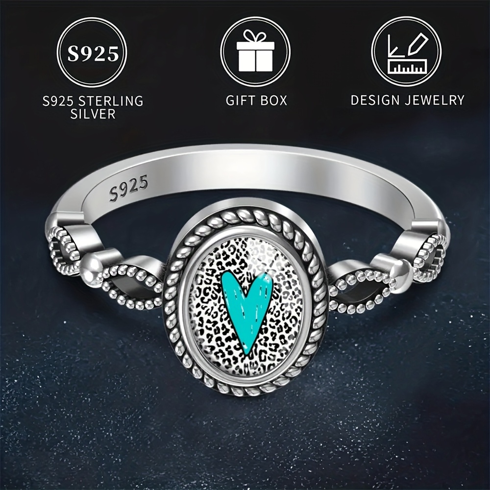 Silvery Ring, Vintage Unique Gothic Style Fashion Women's Jewelry Leopard Print Heart Blue Green Design Pattern Elements, Birthday Gift Or Valentine's Day Party Gift