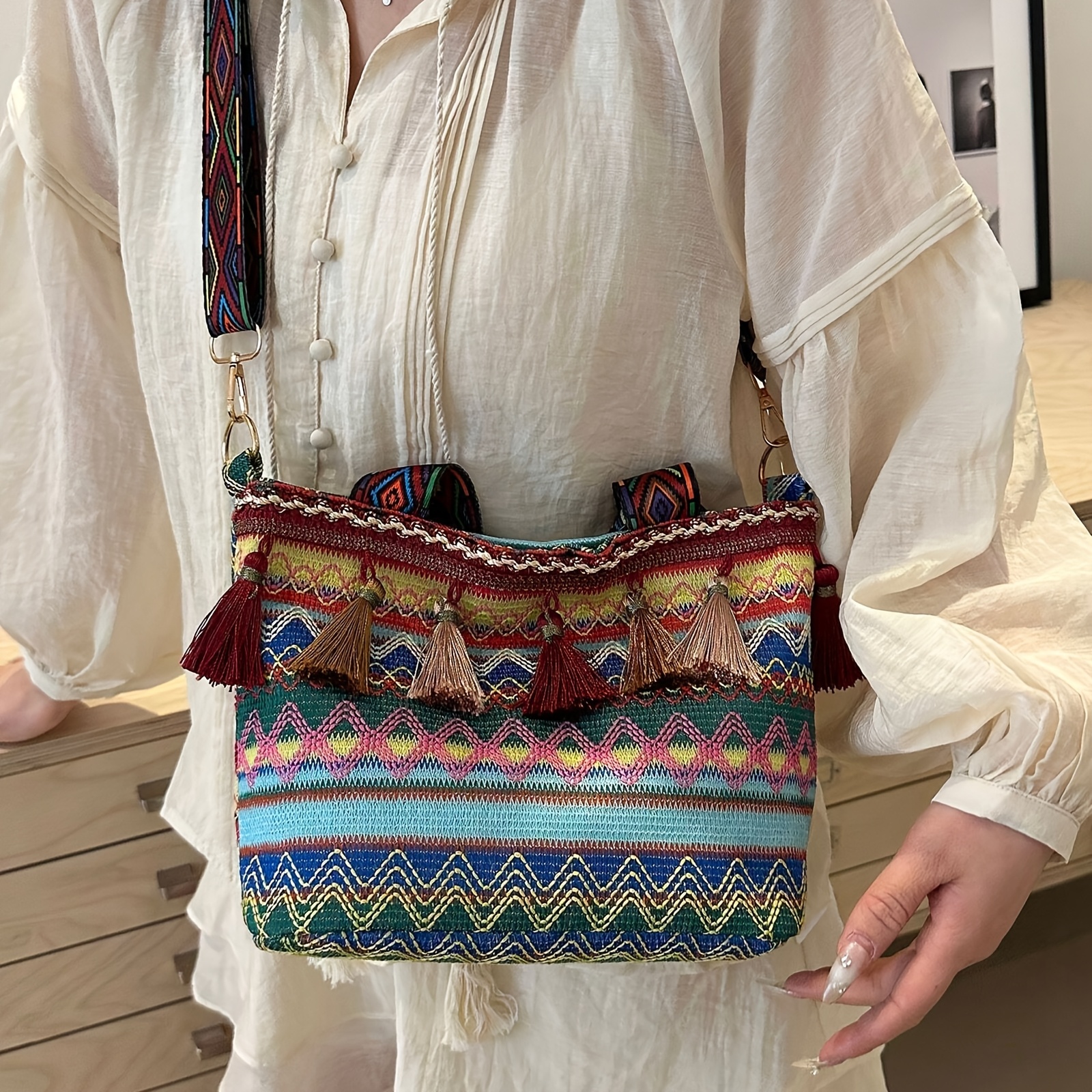 Bucket Bag In Bright Colors Woven Bohemian boho chic woven fringe bucket bag vibrant geometric - Temu main image 2