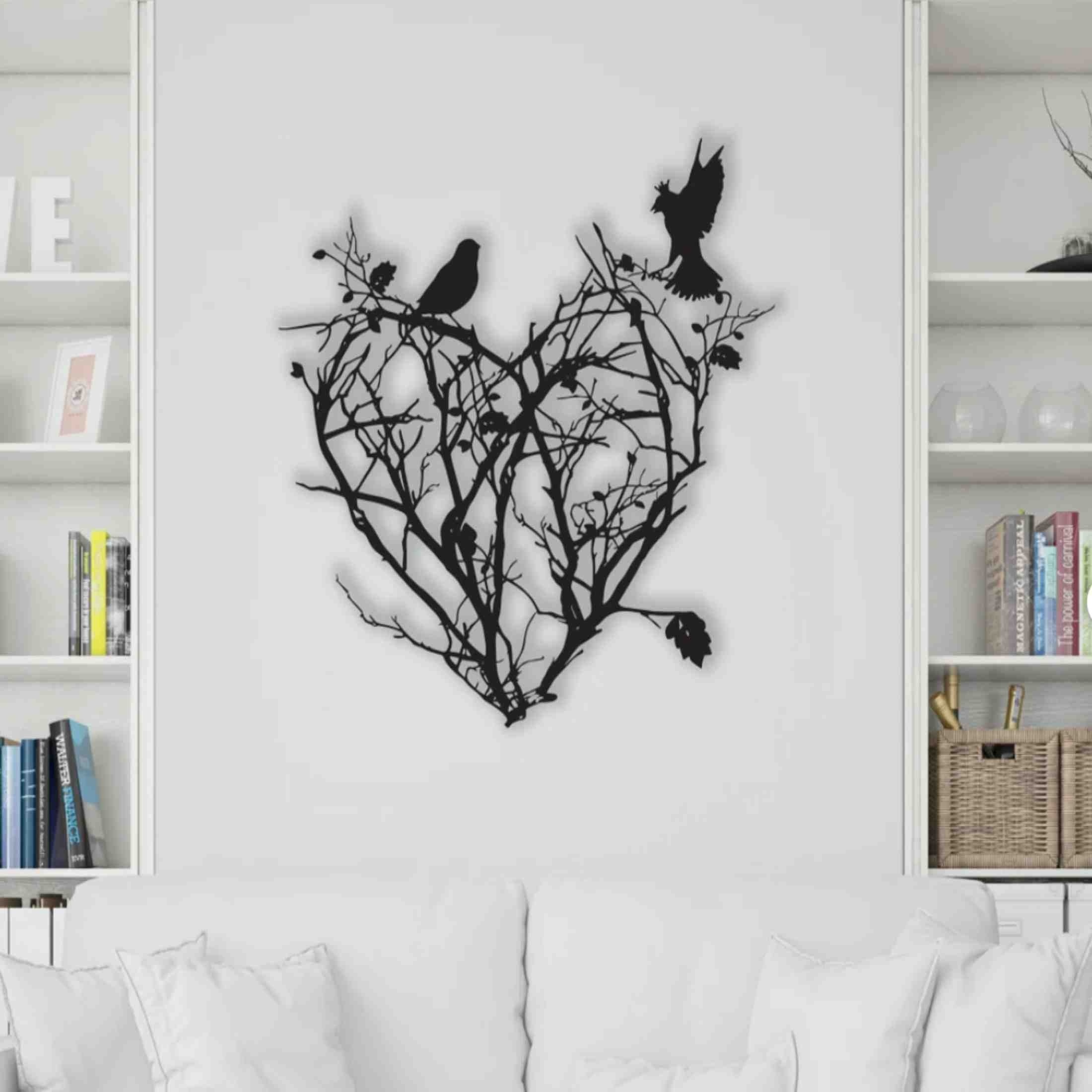 

Metal Bird And Tree Branch Heart Wall Art, Large Silhouette Metal Wall Decor For Living Room, Bedroom - Elegant Nature-inspired Hanging Sculpture