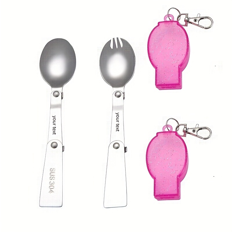 personalized 304 stainless steel   with keychain compact portable fork and spoon set reusable ideal for outdoor camping picnic   orange camping essentials compact tableware durable tableware Product details 6