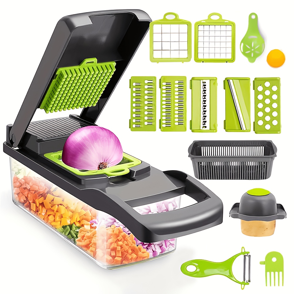 TEMU PEEJAA Picadora Manual de Verduras y Cebollas 16 en 1 - Tabla de Cortar Multifuncional de Grado Alimenticio con Cuchillas Intercambiables, Cesta
