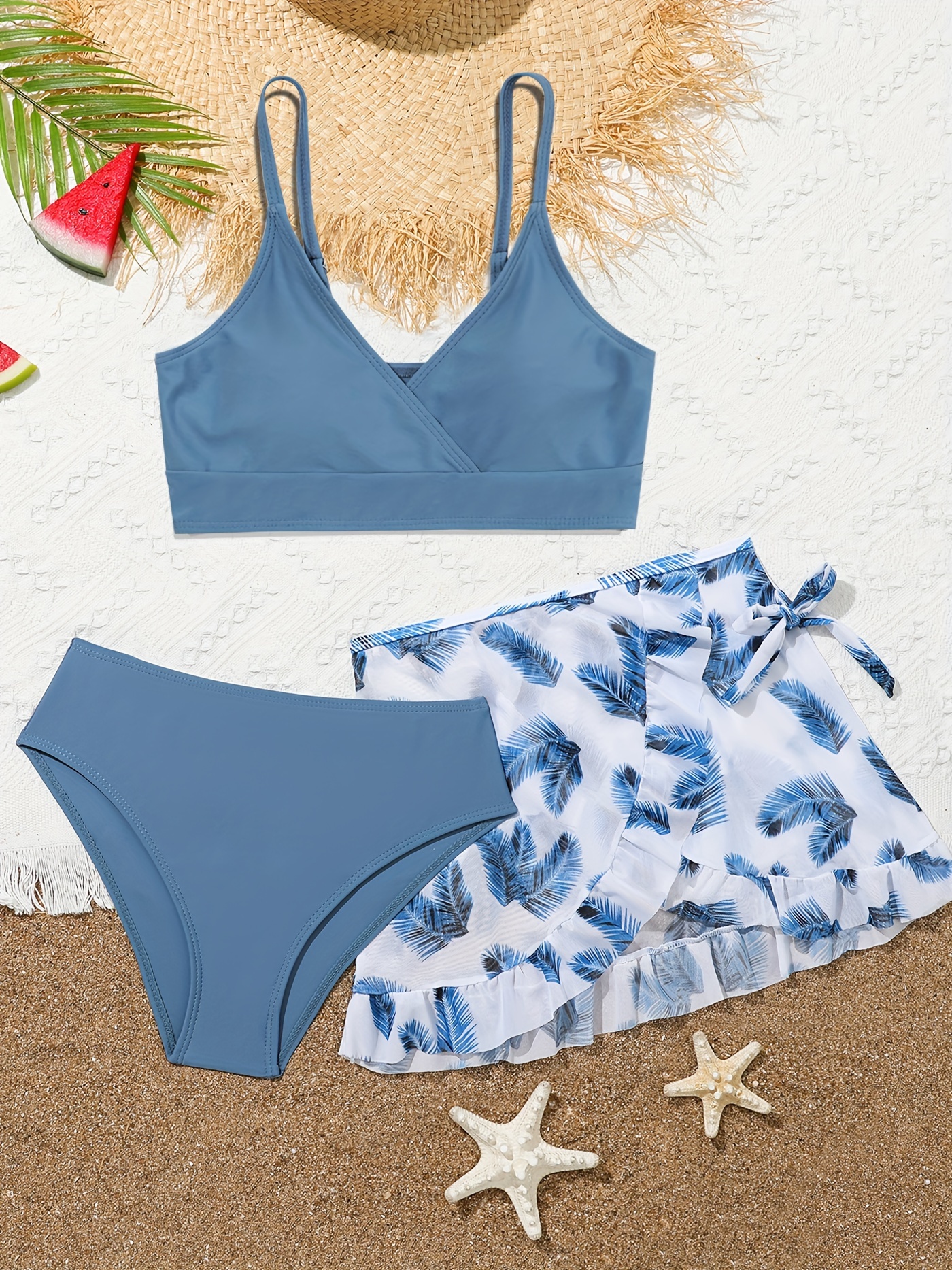 3pcs Girls Bikini Tankini Swimsuit Palm Tree Graphic Cami Top & Triangle  Swim Bottoms & Shorts Set Kids Summer Beach Clothes Bathing Suits