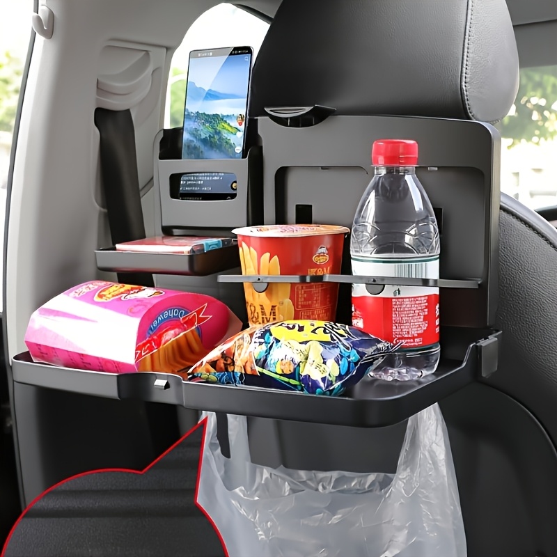 deluxe car backseat organizer with foldable tray dual cup holders phone slot   durable plastic     meals   the go 2
