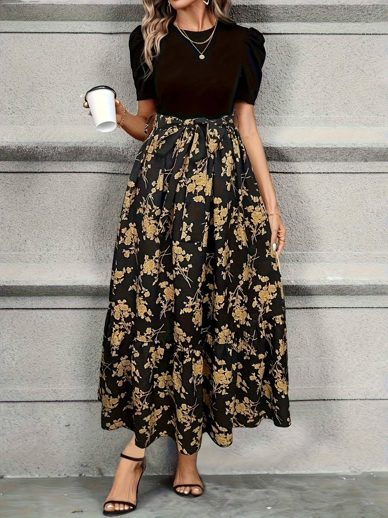Women s Elegant A-Line Floral Print Maxi Dress with Puff Sleeves & Waist Tie - Round Neck   Machine Washable Non-Stretch Fabric for Casual & Formal Occasions