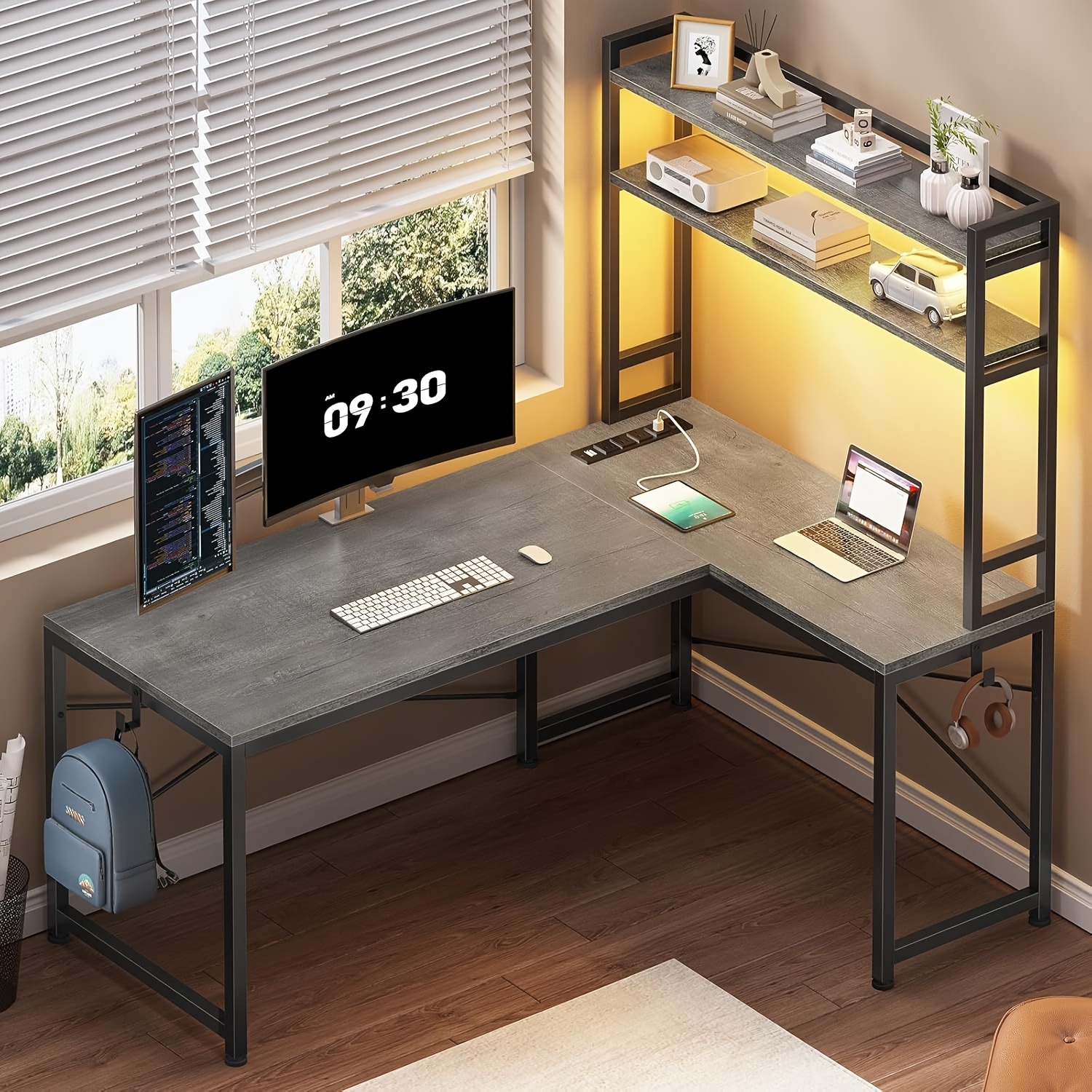 TEMU L Shaped Computer Desk With Led Lights, 45.3" Small Office Desk With Storage Shelves And Hooks
