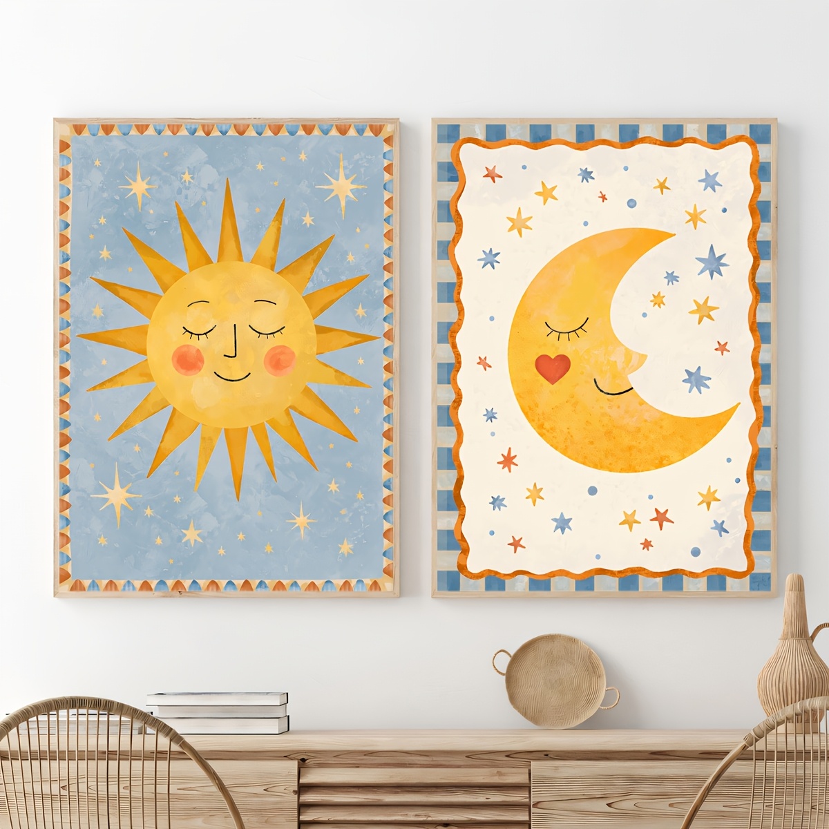 TEMU Pósteres 2D planos de 2 piezas sin , retro de sol y luna - Adecuados para de pared celestial moderno para habitación, pinturas reutilizables en