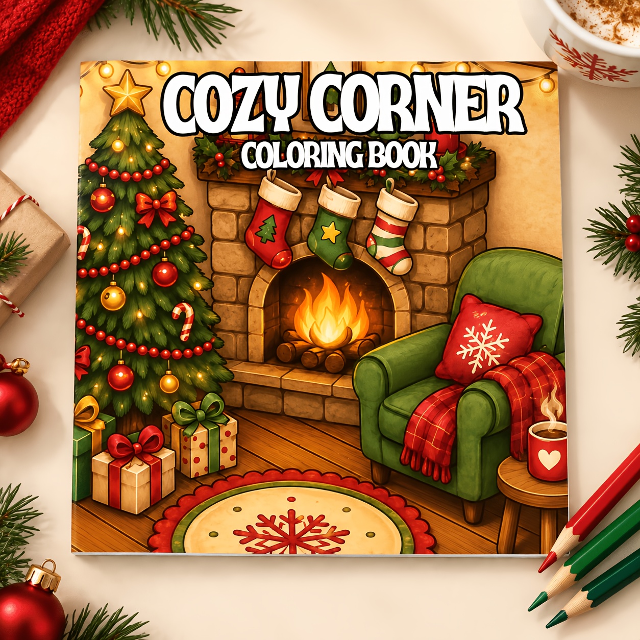 TEMU 1 Livre de Coloriage de Noël Confortable pour , 24 Pages de et Douillets de Cheminée d'Hiver et de Sapin de Noël, Aide à Soulager le Stress et à