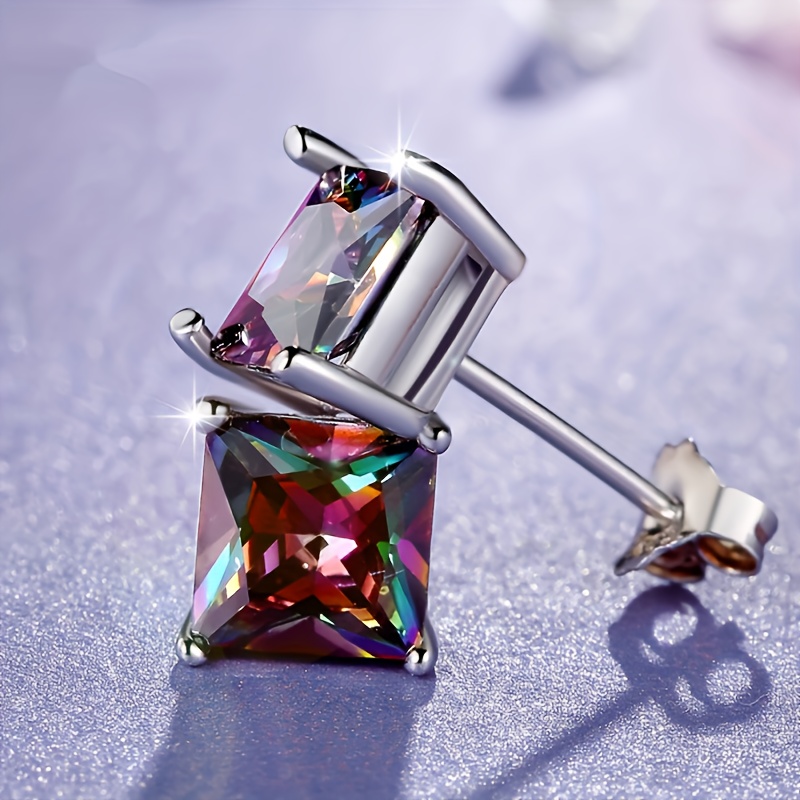 TEMU A Pair Of Stylish, Multi-colored Shimmering Earrings, Featuring Hollowed-out Square And Circular Copper-inlaid Zirconia Earrings, Suitable For