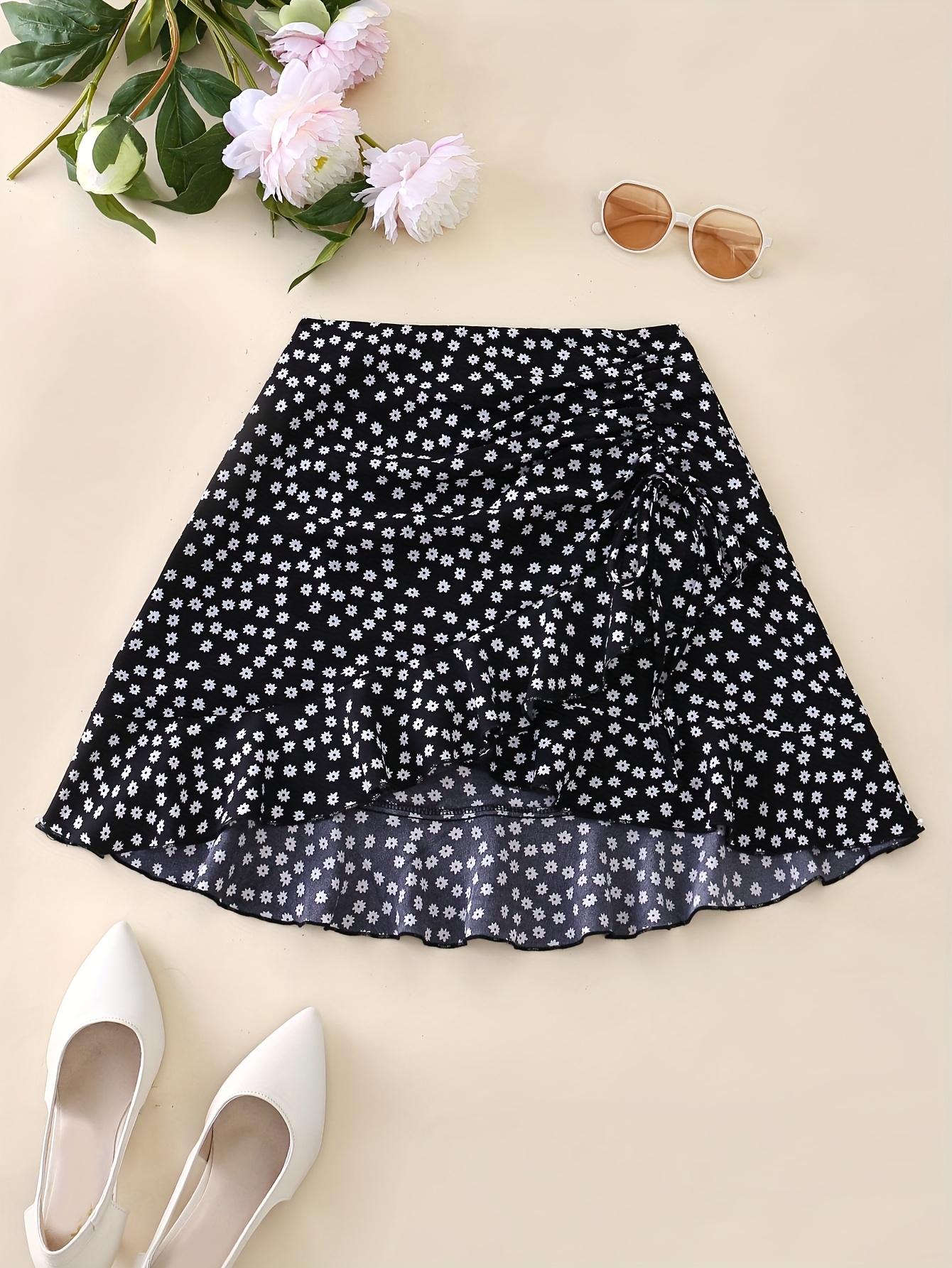 women's high waist floral wrap mini skirt ruffle hem black Temu