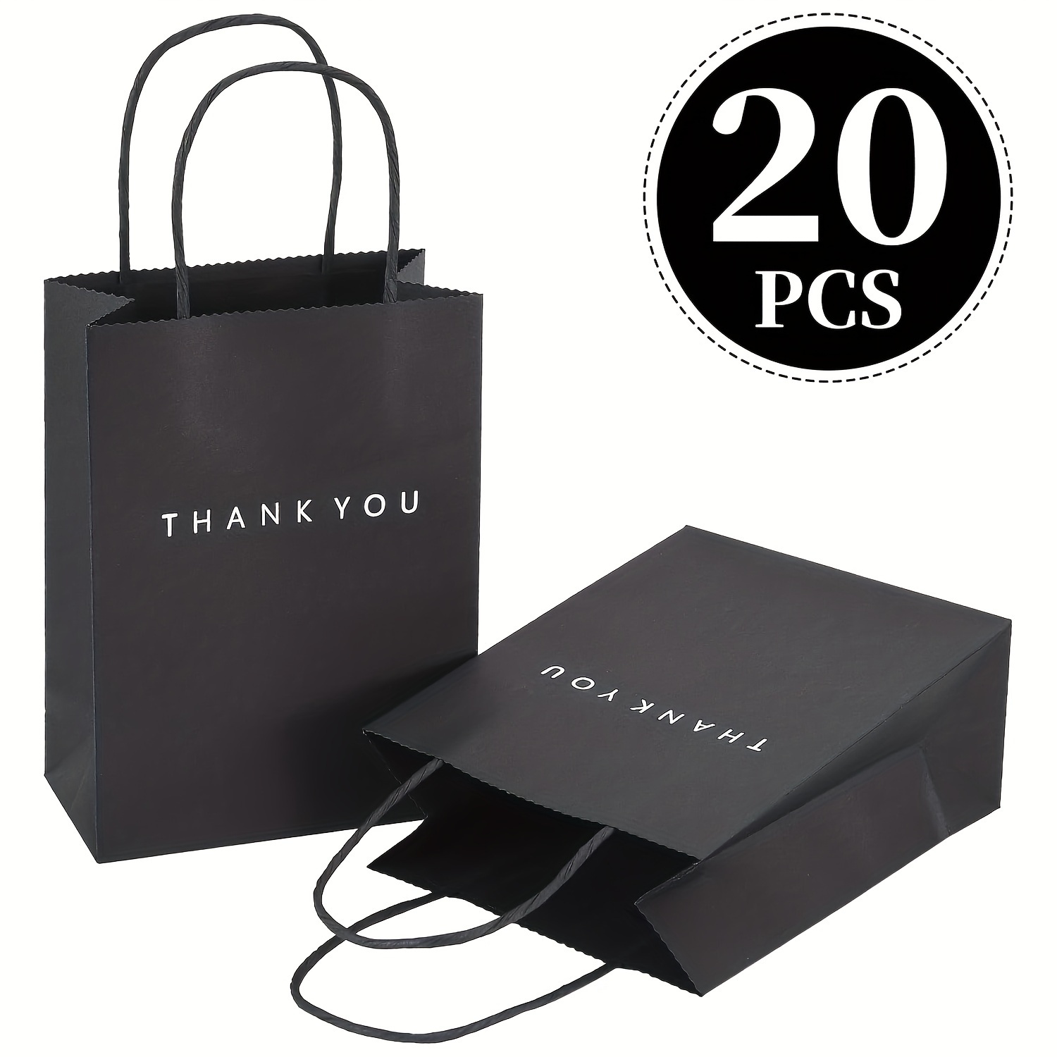 

Value Pack 20pcs Thank You Gift Bags, 5.9 X 3.1 X 8.3 Inches, Back Paper Bags With Handles, Back Gift Bags For Retail Store, Wedding,party, Shopping - Made In 150g Paper