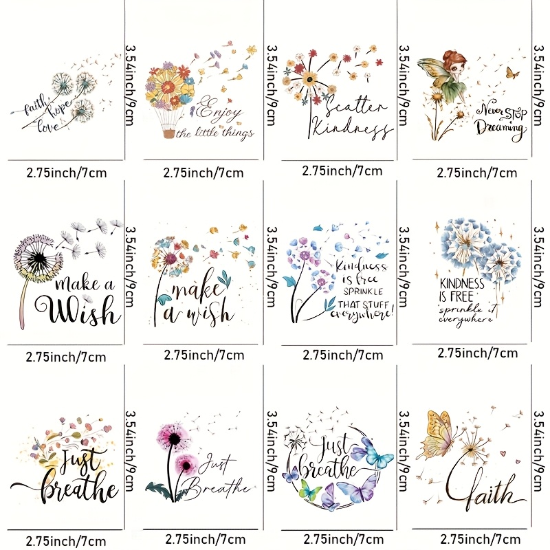 E-shop 12-teiliges Set Hochwertige wasserfeste 3D-Rub-On-Transferpapier - Löwenzahn-Inspirationsblumen-Serie DTF-Tassenfolien für 16oz -Gläser,