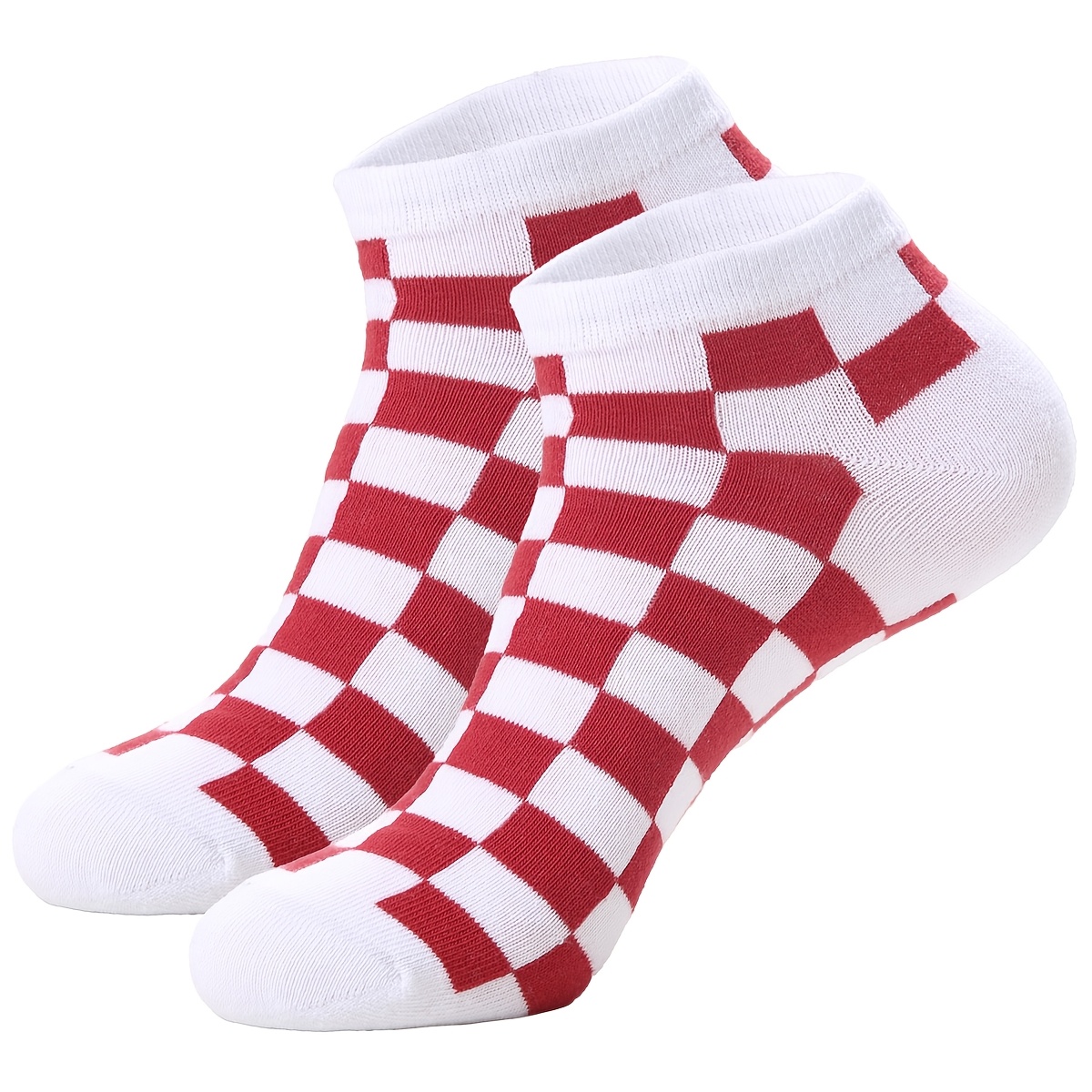 Image of A Pair Of Red And White Checkered Short Socks Suitable For Men And Women, , The Office, Home Use, Gifting, , And Other Occasions