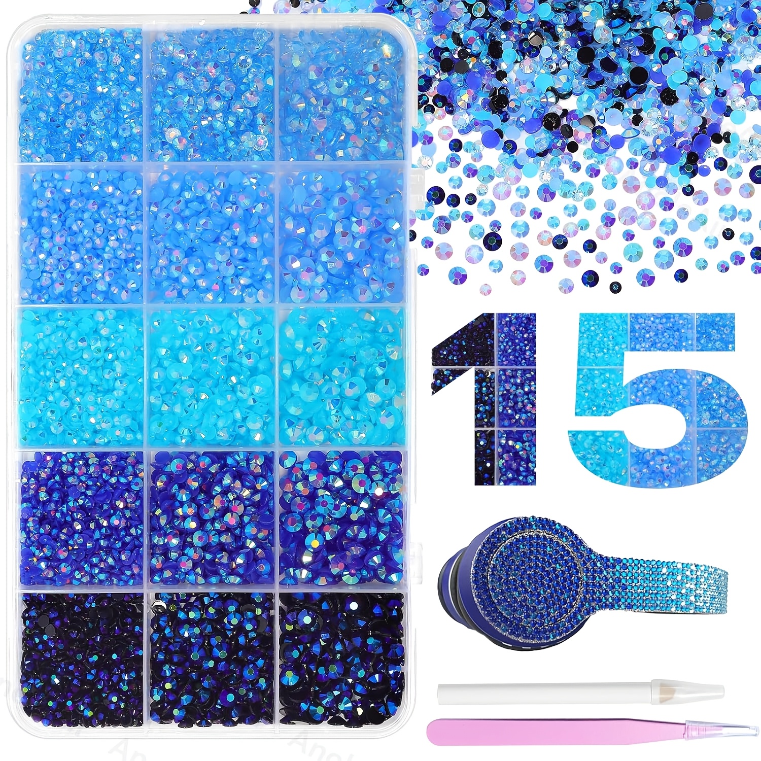 TEMU 15000pcs Blue Rhinestone Bedazzling Kit - Flatback Resin Gems Suitable For Crafting, Diy Face Makeup, Tumblers, & Clothing Decoration, Mix Sizes