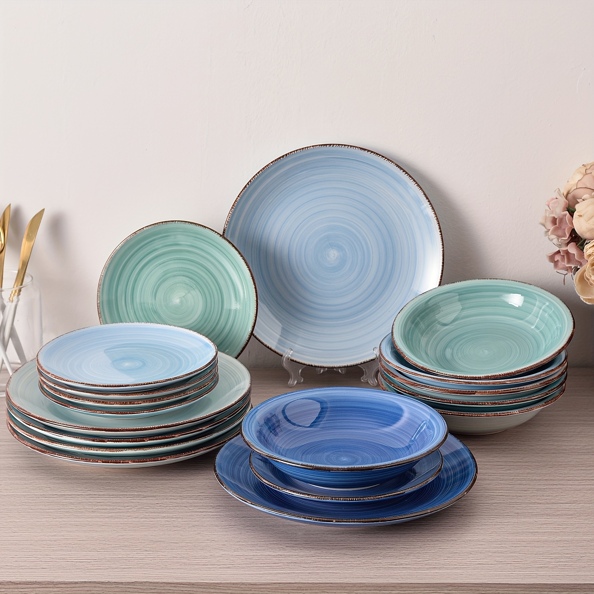 16pcs Dinnerware Sets For People, Blue Dinner Set, Dinnerware Set,  Handpainted Pattern Ceramic Combination Set With Dinner Plate,