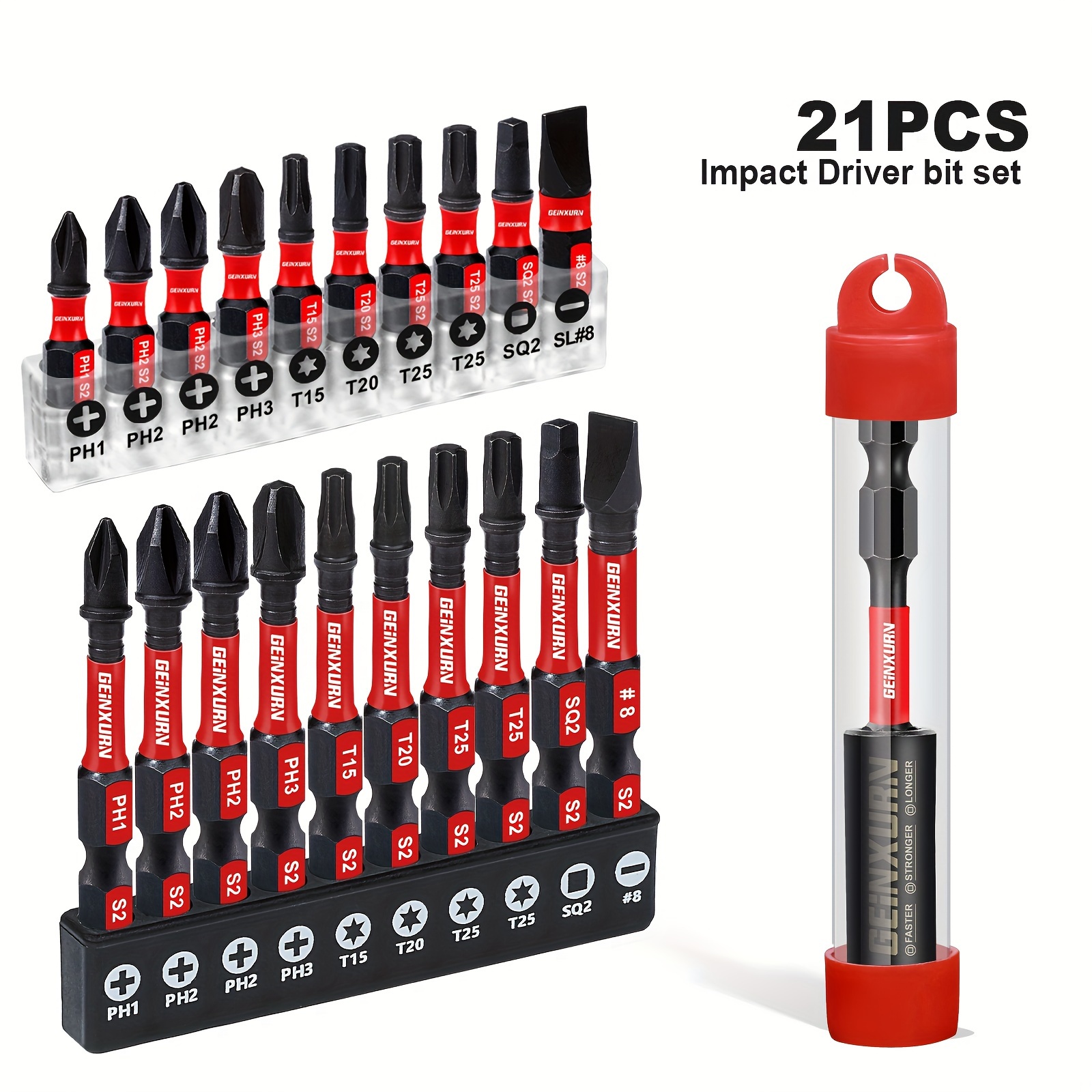 

21pcs Impact X50 Power Driver Bit Set With 75mm Bit Holder, Including Ph1, Ph2, Ph3, T15, T20, T25, Sq2, Sl#8