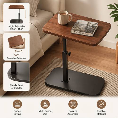 item picture adjustable height and swivel bedside table walnut color carbon steel stable sofa side table 40 30cm wide desktop 53 80cm adjustable height carbon without shaking universal for bedroom sofa study 360 rotating desktop
