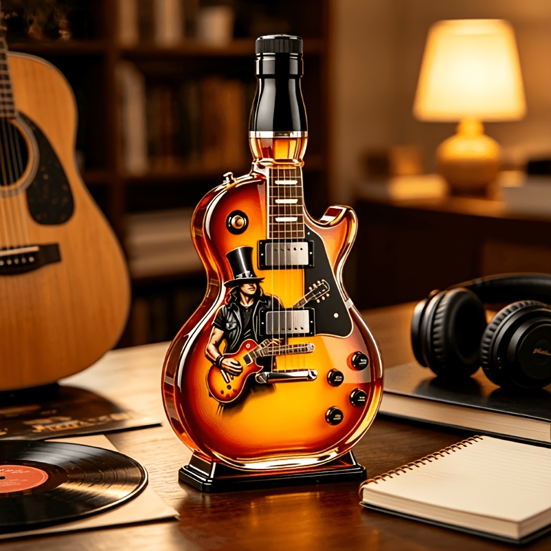 TEMU Retro For Rock Guitar-shaped Borosilicate Glass Wine Bottle, Novelty Art And Craft Whiskey And Wine Storage Bottle With A Cork, Decorative Home