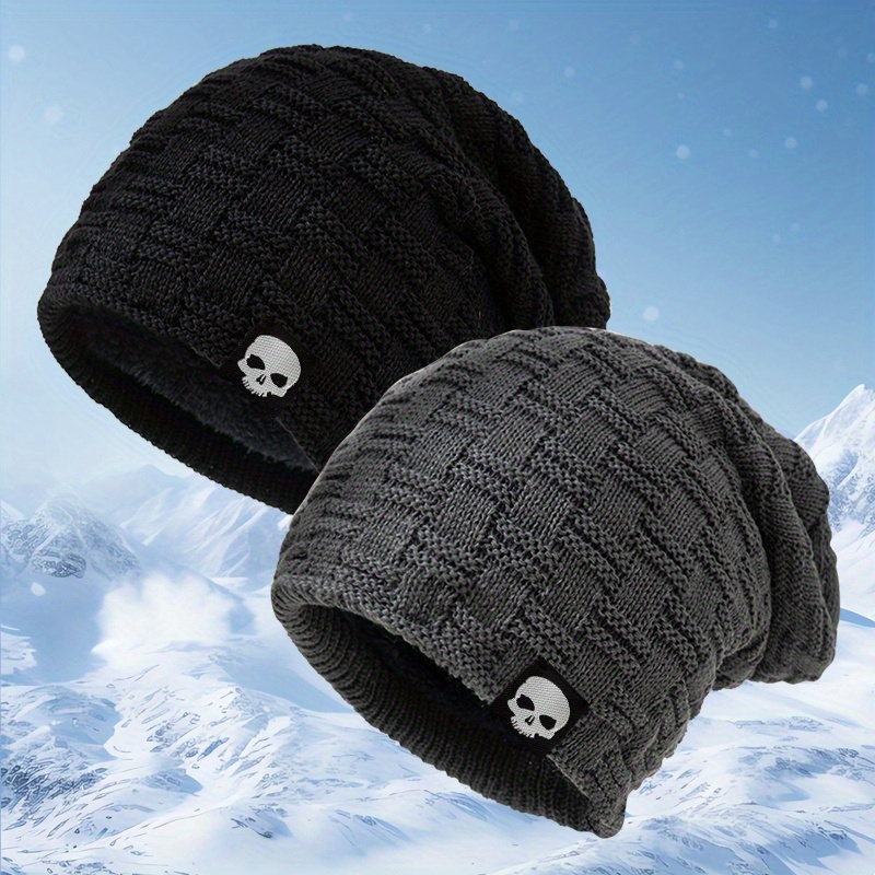 TEMU Ensemble de 2 bonnets tricotés à avec étiquette en tissu tendance, ensemble de bonnets pull doublés -froid pour /hiver, style couple, bonnets