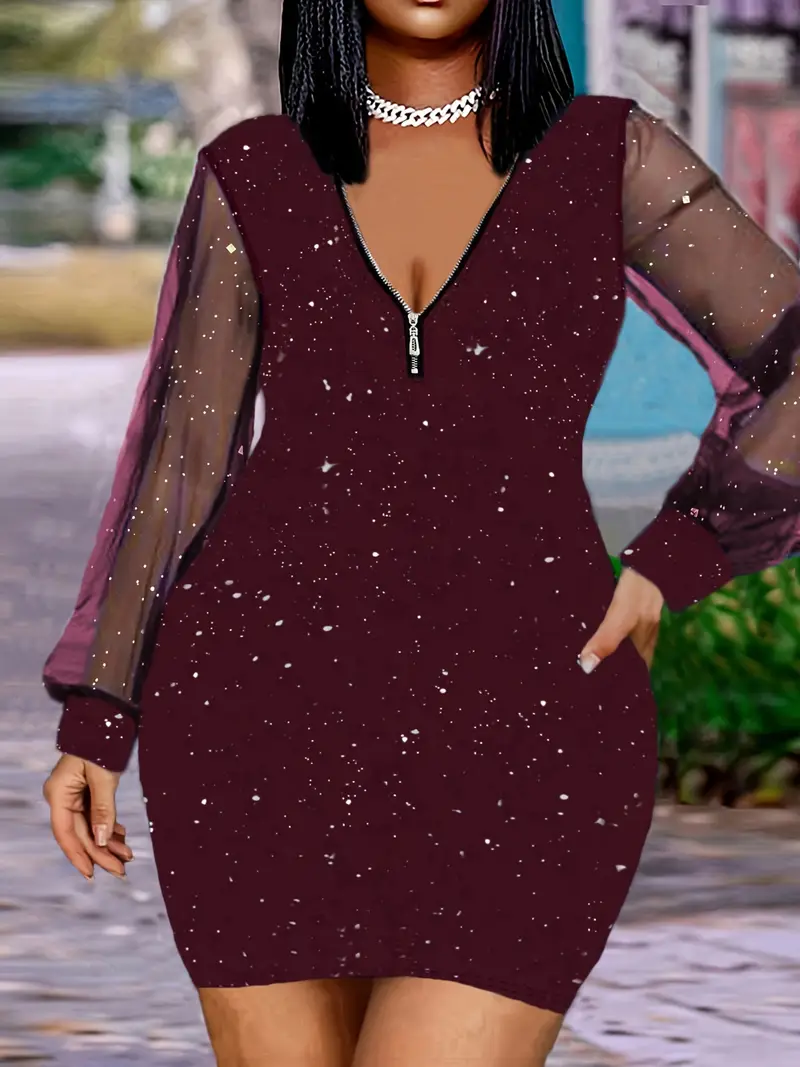 Bodycon Dress Zip Front Dress Plus Size Plus Size Mesh Splicing Zip Up Dress, Elegant Long Bodycon Dress Zip Front Dress Plus Size Plus Size Mesh Splicing Zip Up Dress, Elegant Long