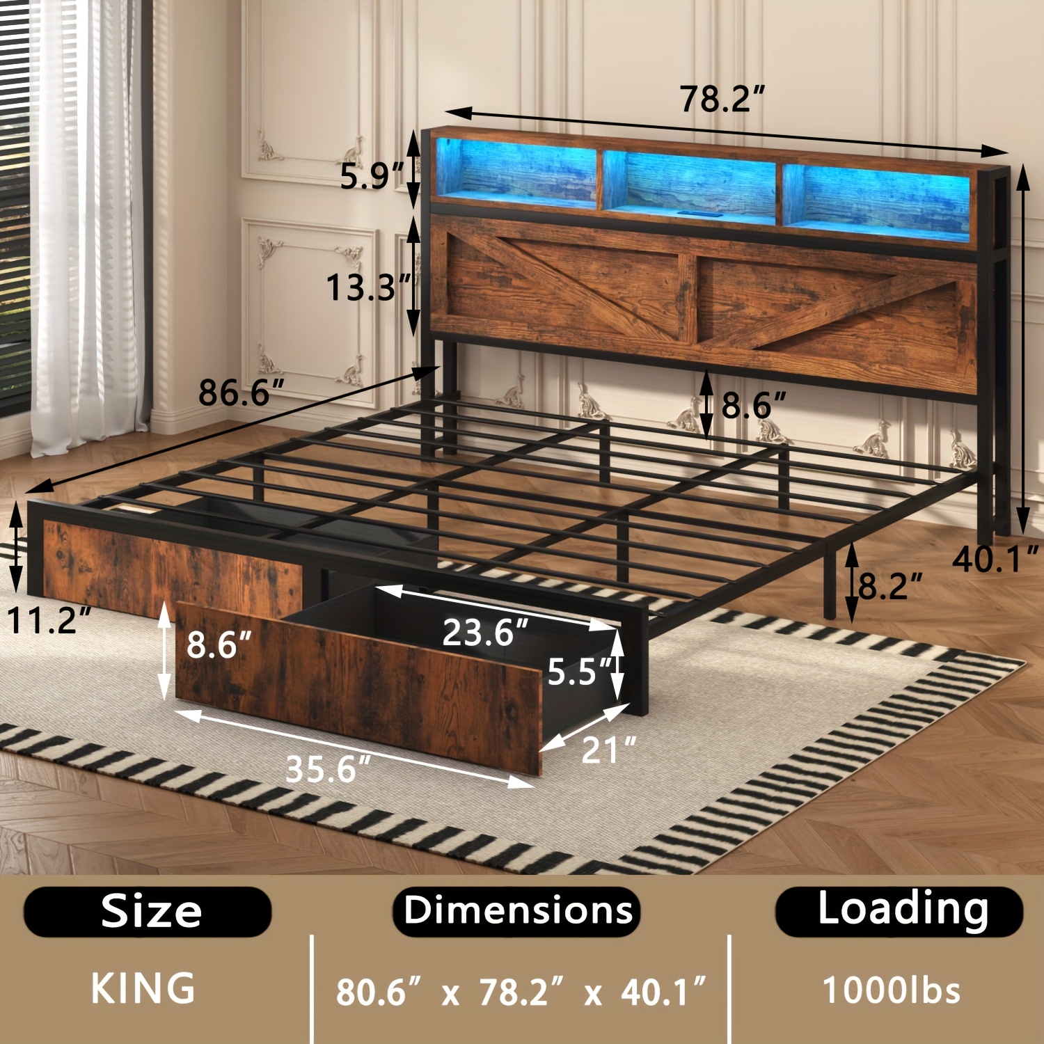 Modern Farmhouse Bed Frame with Storage Headboard & Underbed Drawers, Built-In Charging Station & LED - Heavy-Duty Metal Platform Bed, No Box Spring Needed, Noise-Free Low-Profile Design for Queen/King Size Beds - Image 7