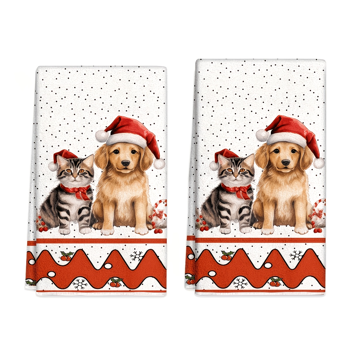 TEMU 2pcs Set Polka Dot Christmas Hat Kitten And Golden Retriever Kitchen Decor Tea Towel, Odorless Quick-dry High Absorbency Non-pilling, Warm