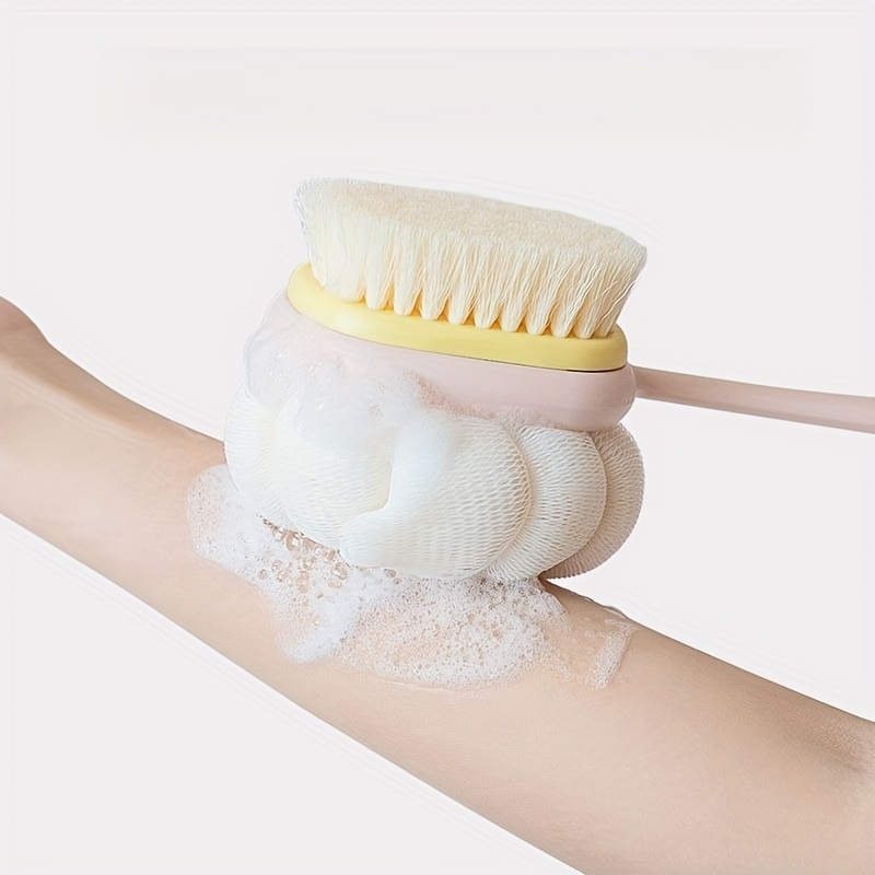1pc long handled shower body brush with bristles loofah curved back scrubber for exfoliation massage and light beige   in 1 bath tool for men women   design exfoliating scrubber longhandle design durable scrubber soft mesh sponge Product details 2