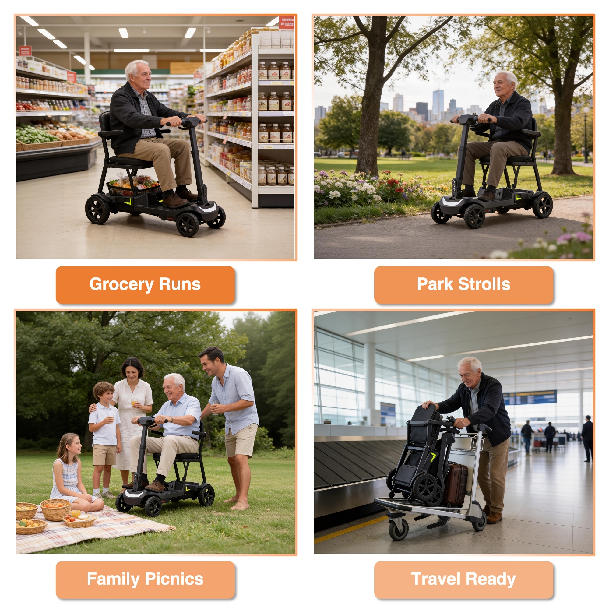 a lightweight, foldable four-wheeled electric mobility scooter suitable for seniors and adults,   with dual removable batteries, meeting air travel  , offering a long range, and a   of 5 mph Product details 6