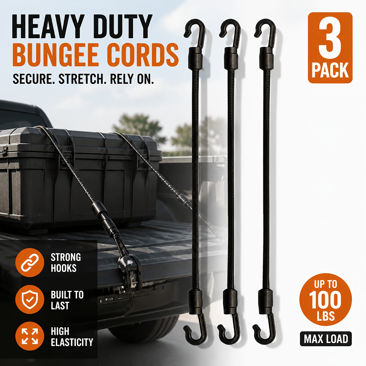 TEMU 3pcs Heavy Duty Bungee Cords With Hooks, Adjustable Elastic Strap Tension Rope, Multifunctional Flexible Tie Down Straps, Weather Resistant