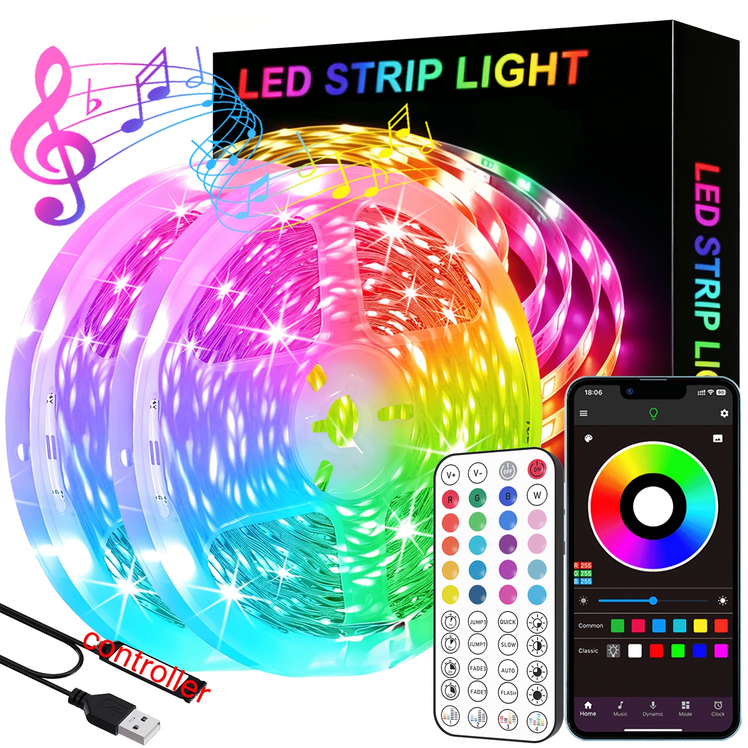Smart Home RGB Strip Light, 3FT-100  Light, Remote And App Control, with Music Synchronization, Timer, Functionality, And Stage Lighting  . for Bedrooms, Living Rooms, Music Rooms, Ceilings, Holiday And Wedding Decorations