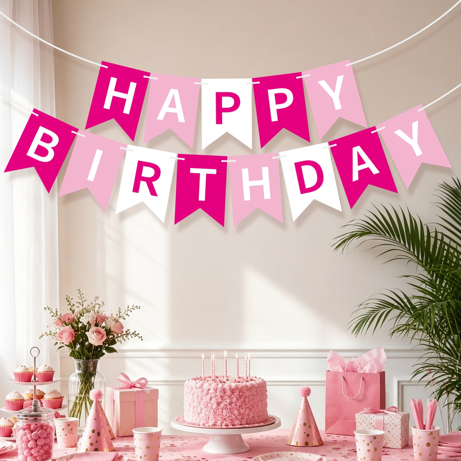 TEMU Hot Pink And Light Pink Happy Birthday Banner, White Letter Flag Bunting, Birthday Party Hanging Garland Decor, Birthday Background Decorations