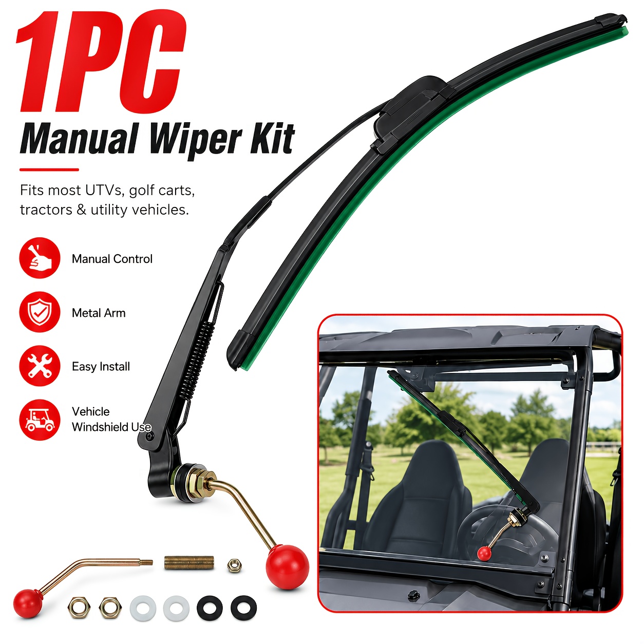 TEMU 1pc Manual Windshield Wiper Kit, 13.78in Wiper Blade With Metal Arm, Hand-operated Windshield Wiper For Utv, Golf Cart, Atv, Tractor & Utility