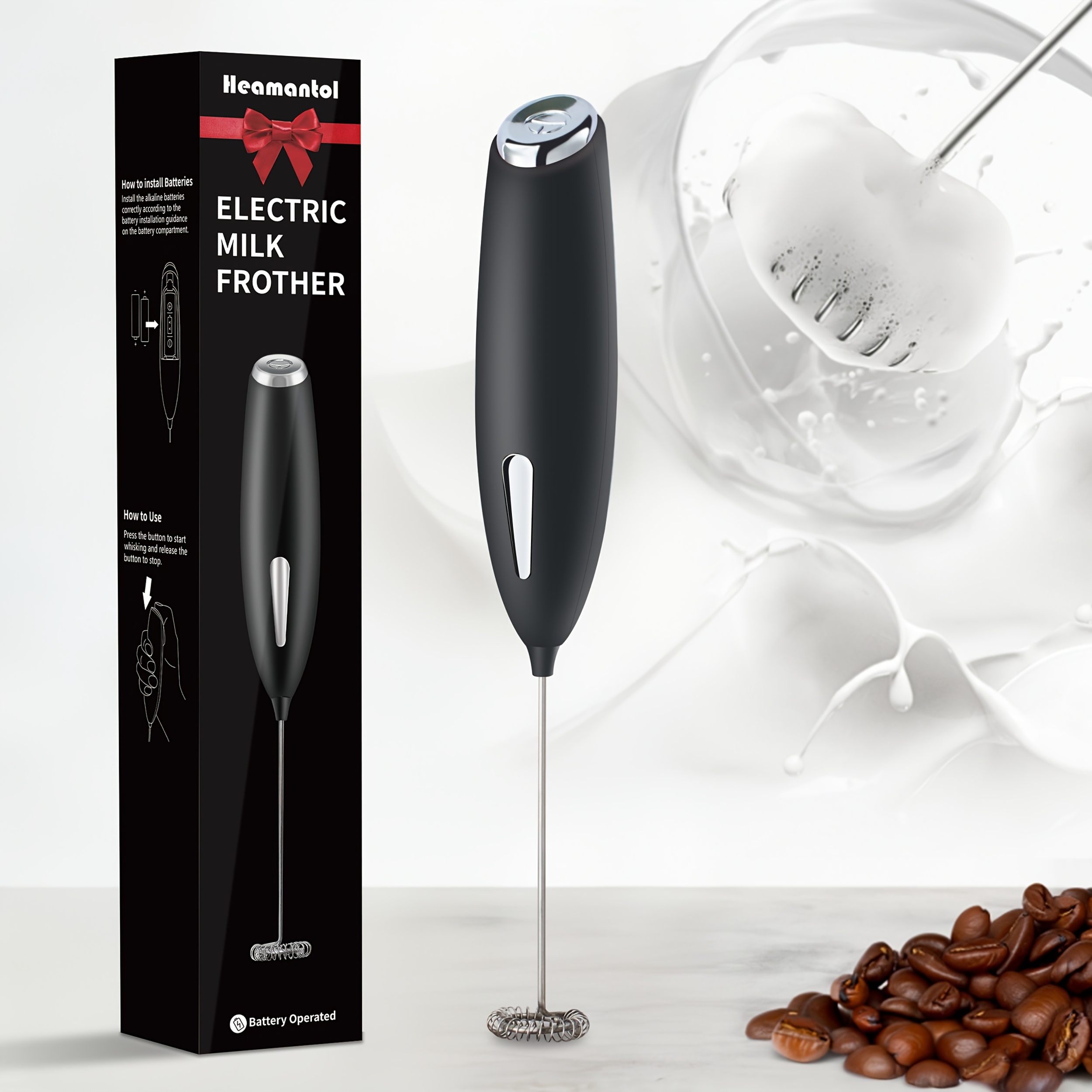   powerful electric milk frother whisk stainless steel handheld foam maker for coffee cappuccino chocolate matcha battery operated 2 aa batteries not included compact   with interchangeable attachments