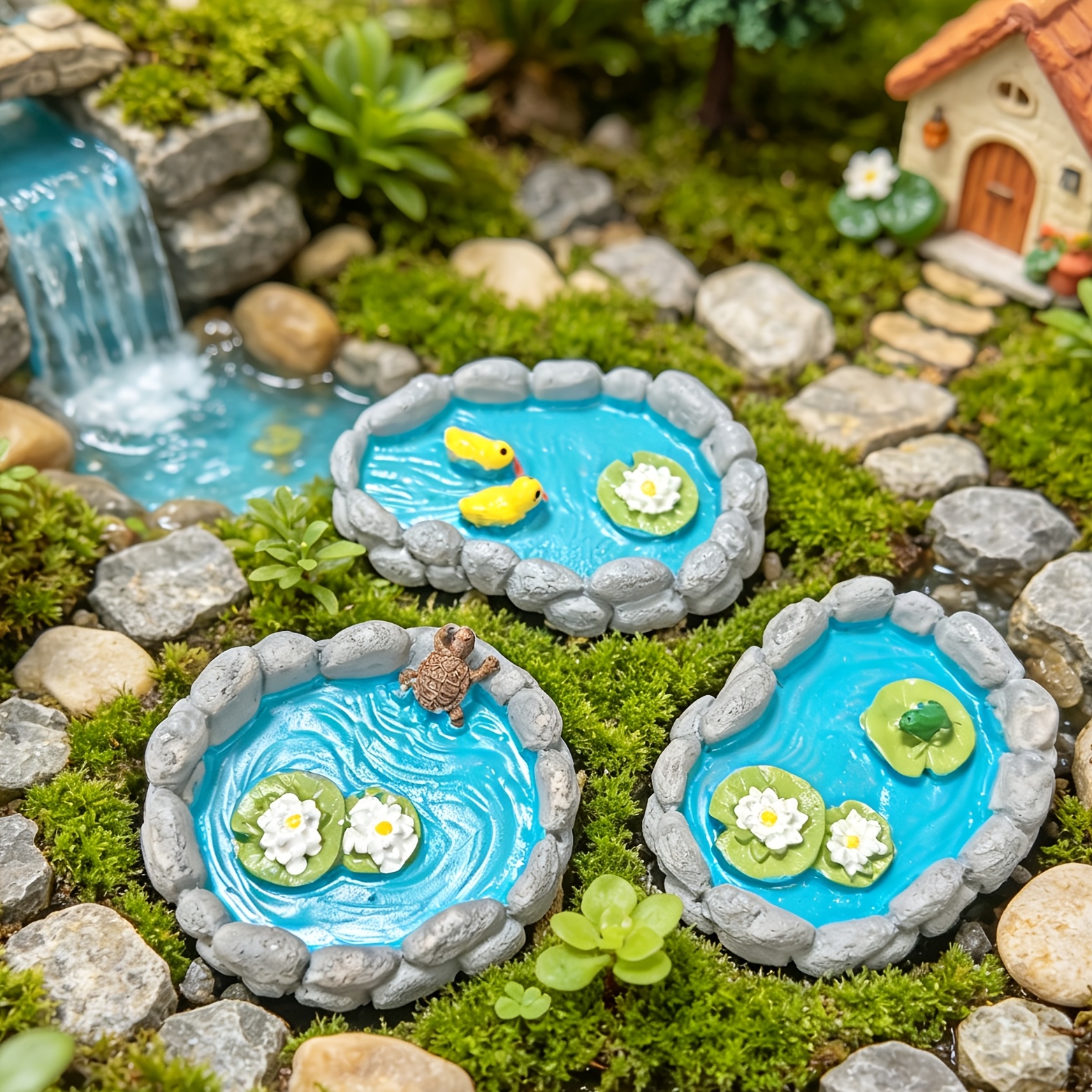 TEMU 3pcs French Country Miniature Resin Pond Figurines Suitable For Fairy Gardens, Terrarium Decor With Duck, Turtle, Frog & Water Lily - Simulated