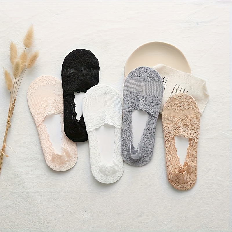 Image of 5 Pairs Thin Lace Ankle Socks Women's Summer Thin Shallow Mouth Silicone Anti-slip Invisible Socks Non-slip Heel Women's Short Socks Comfortable And Versatile Socks