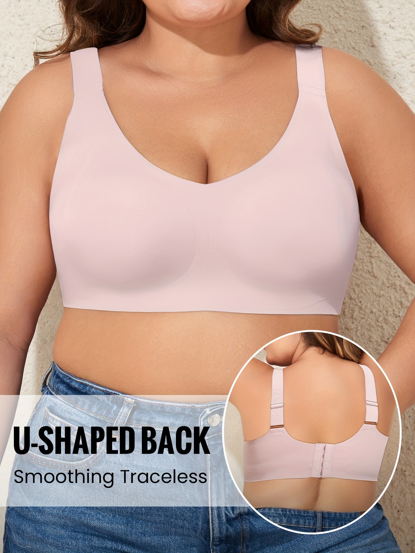 Plus Size Seamless V-Neck Bralettes - Wireless, Removable Padding, Knit Polyamide Blend (75% Polyamide, 25% Elastane), Medium Stretch, Solid Sexy Style, Comfortable & Breathable, U-Shaped Back Design, S-4XL