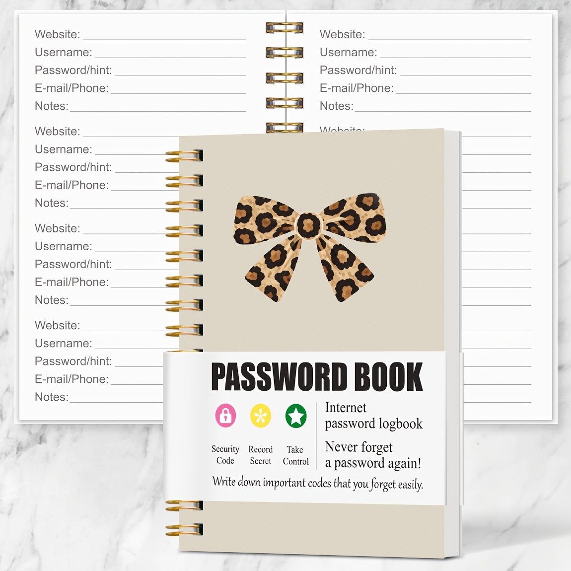 TEMU Mini Wachtwoordboek Organizer Recordboek Spiraalgebonden Internet Wachtwoord Logboek met Adresboek Verjaardag Noodcontacten Luipaard Strik Cover