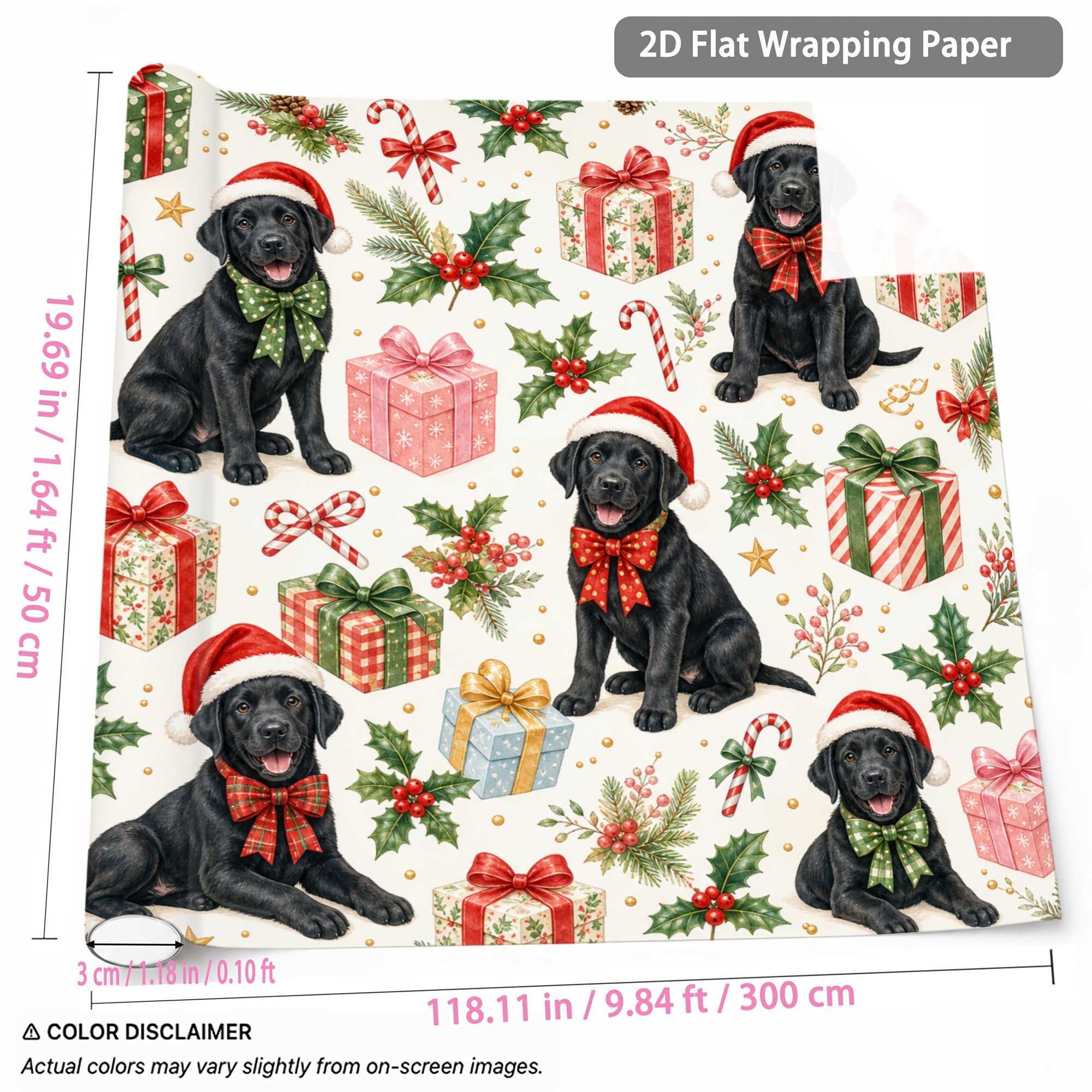 TEMU 1 Rolle Weihnachtsgeschenkpapier 1,64ft x 9,84ft, Muster mit schwarzem Labrador-Hund mit Weihnachtsmannmütze, Geschenkbox, Schleife,