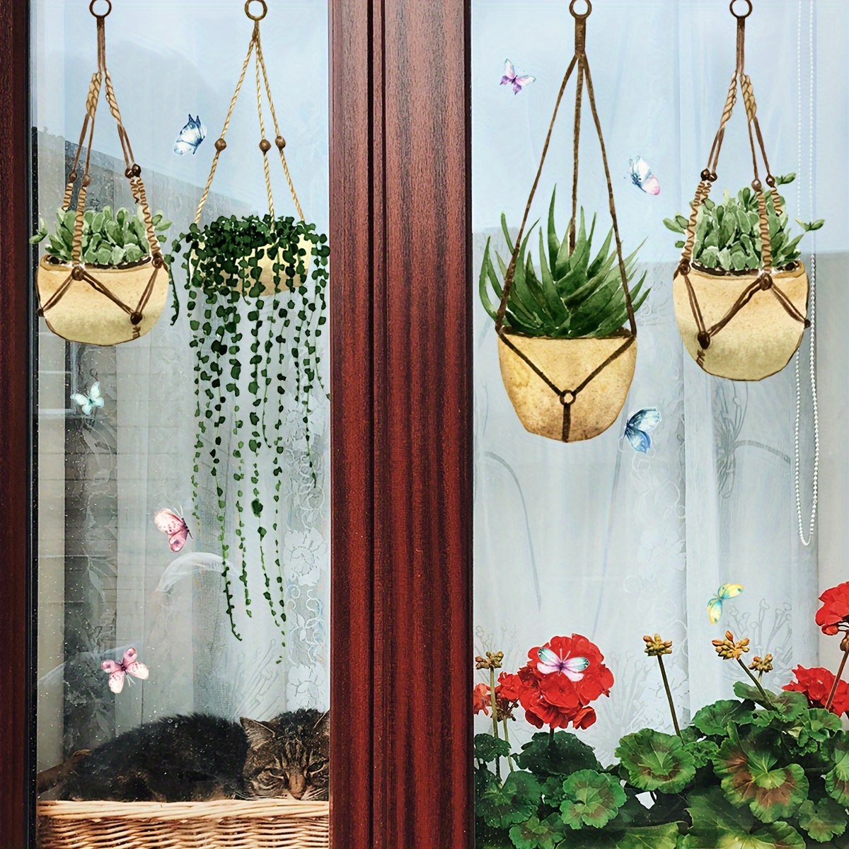 

A Glass Static Cling Decoration For Home Featuring A Double-sided View Of A In A Hanging Basket.